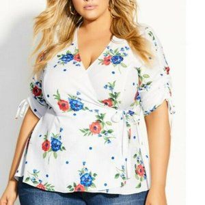 City Chic White Red Blue Floral Poppy Wrap Blouse | Size 18